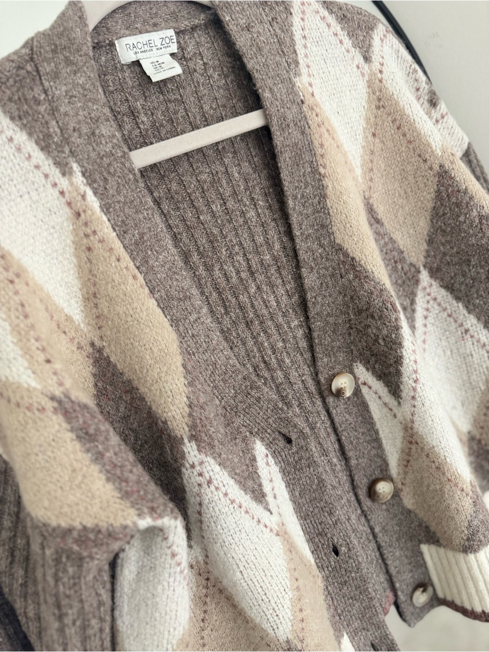 Rachel Zoe Taupe, Cream &‎ Beige Argyle Knit Cardigan - Picture 5 of 10